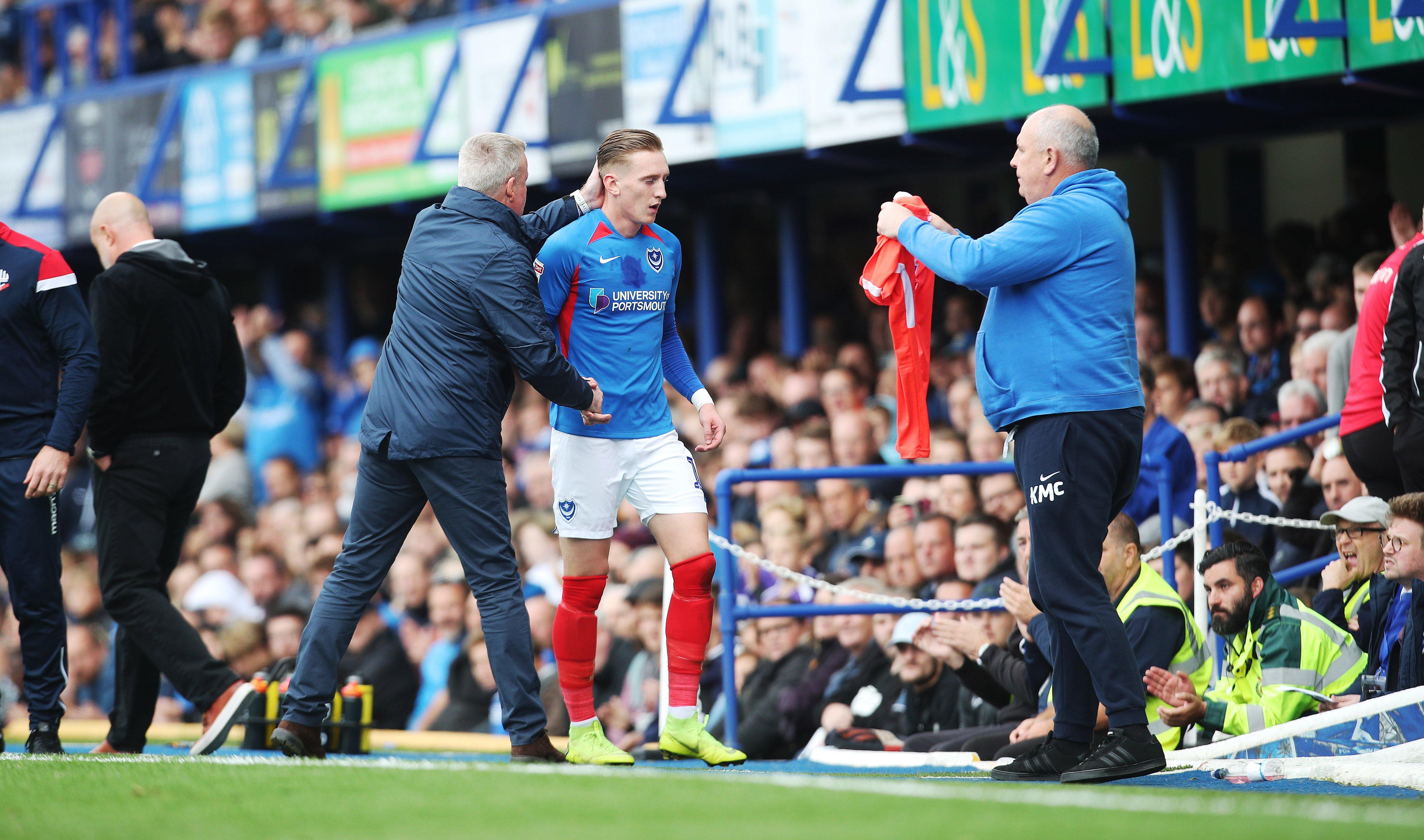 Kenny Jackett acknowledges a gutted Ronan Curtis following his substitution against Bolton on Saturday. Picture: Joe Pepler