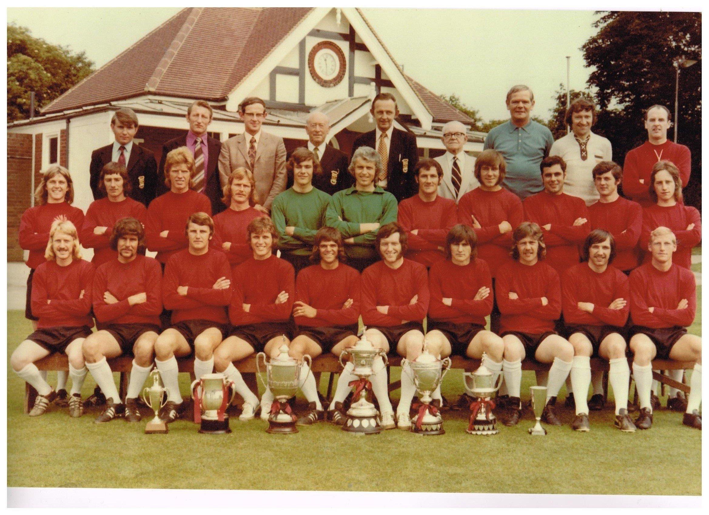 Fareham Town, circa mid-1970s. Back (from left) Terry Cannings, Dave Thomas, Ken Atkins, Len Abrahams, John Richardson, Ernie Hills, Alan Williams, Arthur Williams, Tom Jewitt. Middle: Bobby Taubman, George De St Croix, Dick Cade, Richard Duke, Paul Grant, Mick Richards, Phil Pollard, Jimmy Searle, Dave Ings, Barry Bailey, Ian Broomfield. Seated: Jim Ramsay, Barry Brear, Peter Farley, Roger Buckland, Tony Callahan, Mick O’Neill, Dave Stokes, Mick Swain, Simon O’Neill, Ian Brown.