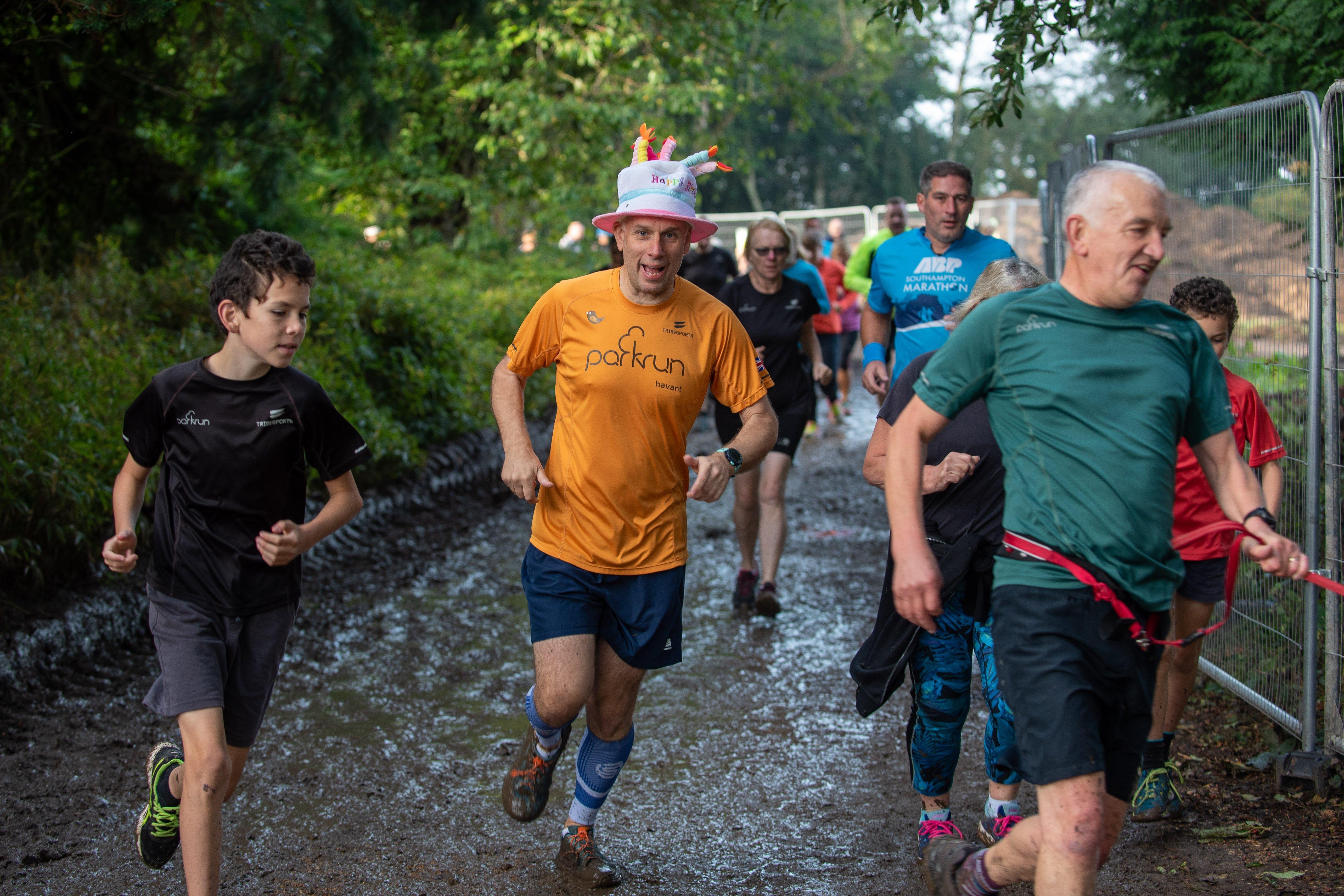Conrad Buttery ran in a special hat to celebrate 15 years of Parkrun. Picture: Vernon Nash (051019-014)