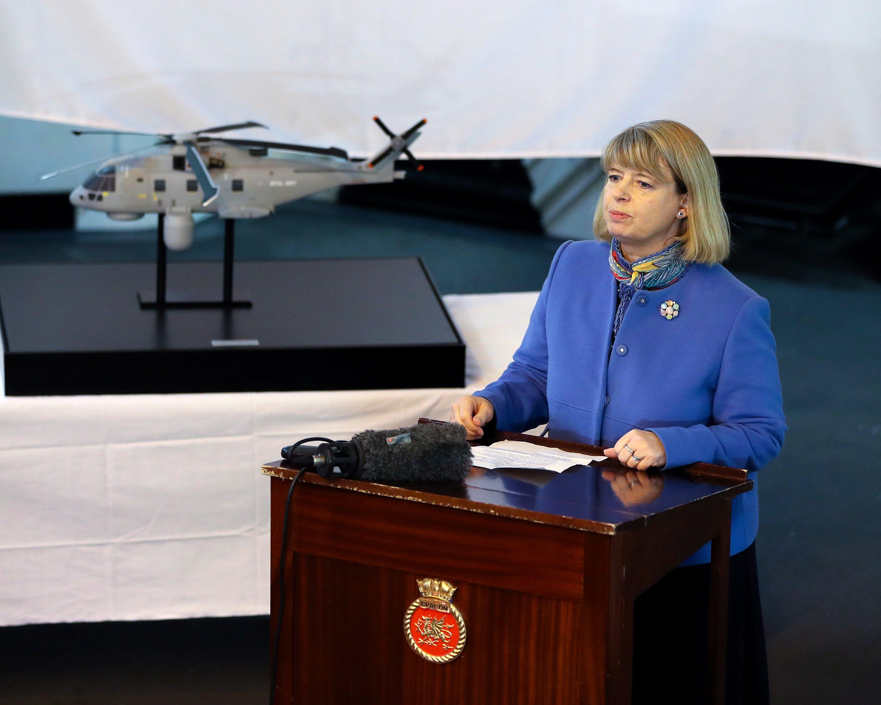 Former defence procurement minister Harriett Baldwin announcing a £269m deal for a new cutting-edge helicopter-borne surveillance system designed to protect Royal Navy ships, including the new Queen Elizabeth-class aircraft carriers, in Portsmouth on January 16, 2017. Photo: LPhot Paul Hall