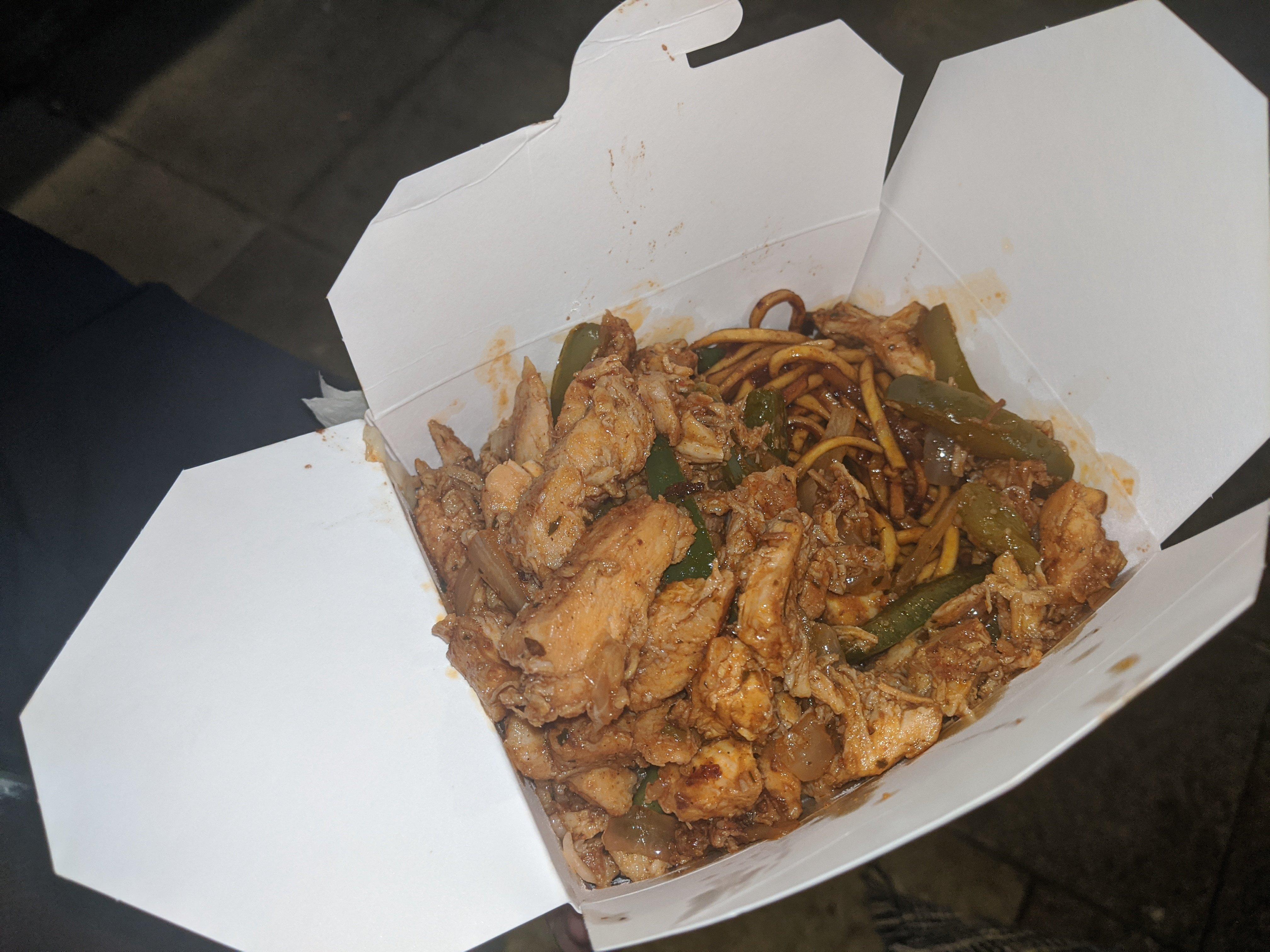 A mountain of rice, noodles and chicken from Portsmouth Christmas market in Commercial Road