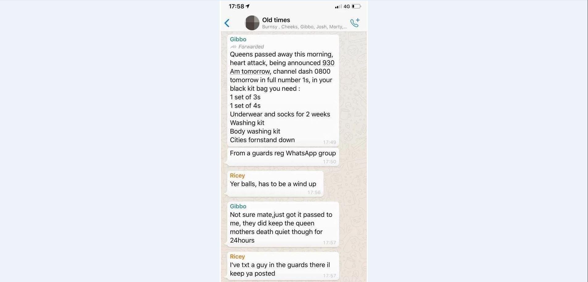 The WhatsApp chat that led to the social media storm about the Queen's 'death'.