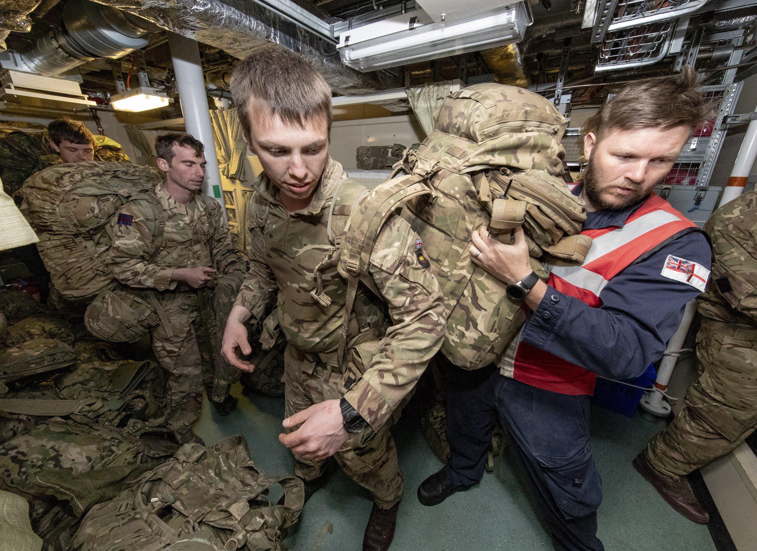 Roulement Infantry Company(RIC) embarking onto HMS Forth as part of Ex Cape Bayonet in the Faalkland Islands.