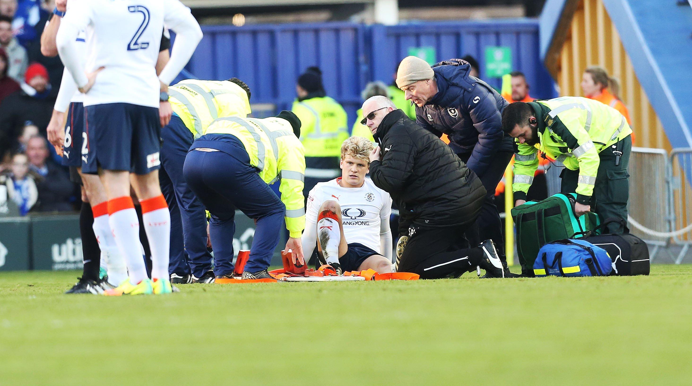 Former Luton midfielder Cameron McGeehan broke his leg at Fratton Park in January 2017  Picture: Joe Pepler