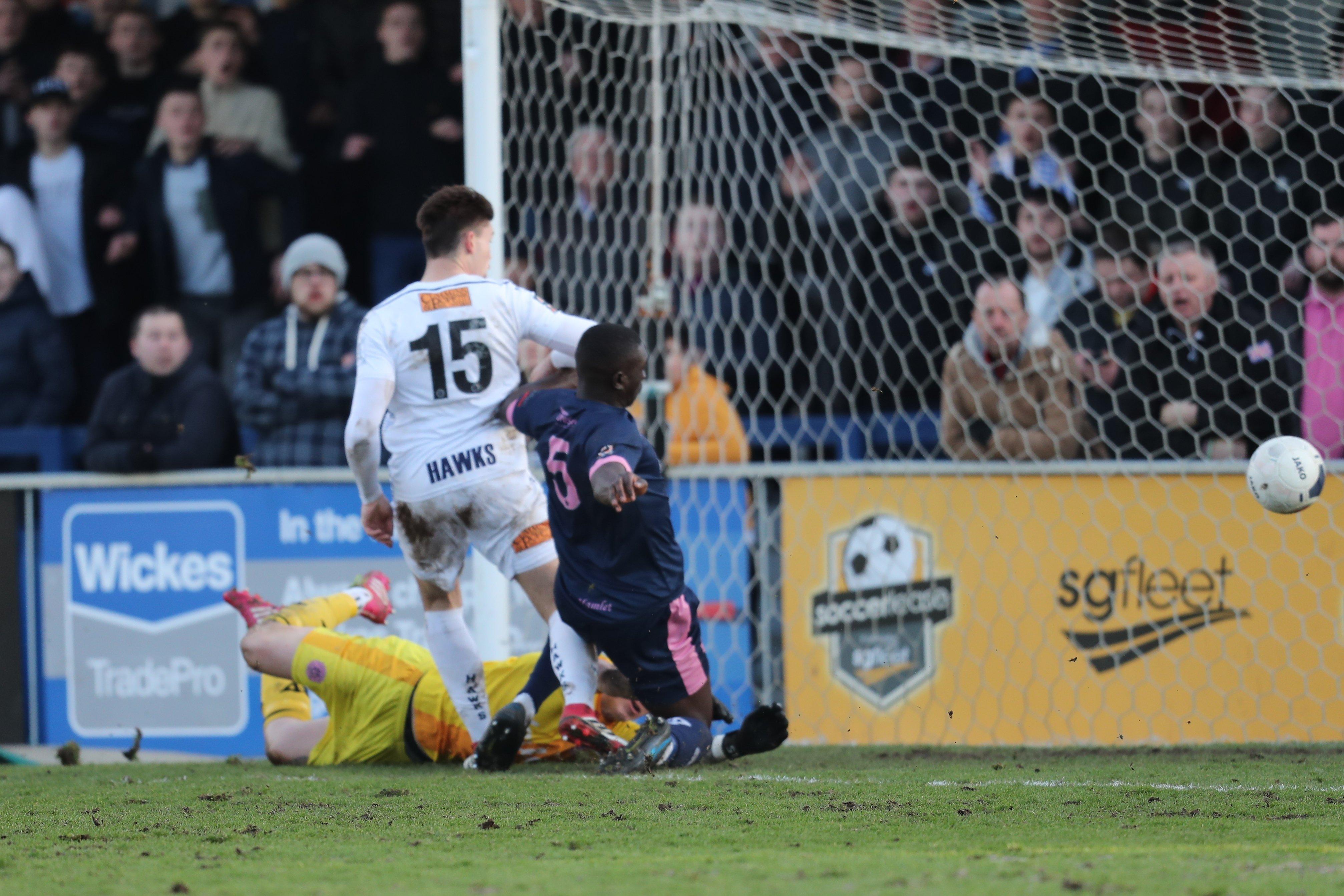Craig Robson can't force the ball in from a few yards out as Hawks go in search of a winner in the second half.Photo by Dave Haines
