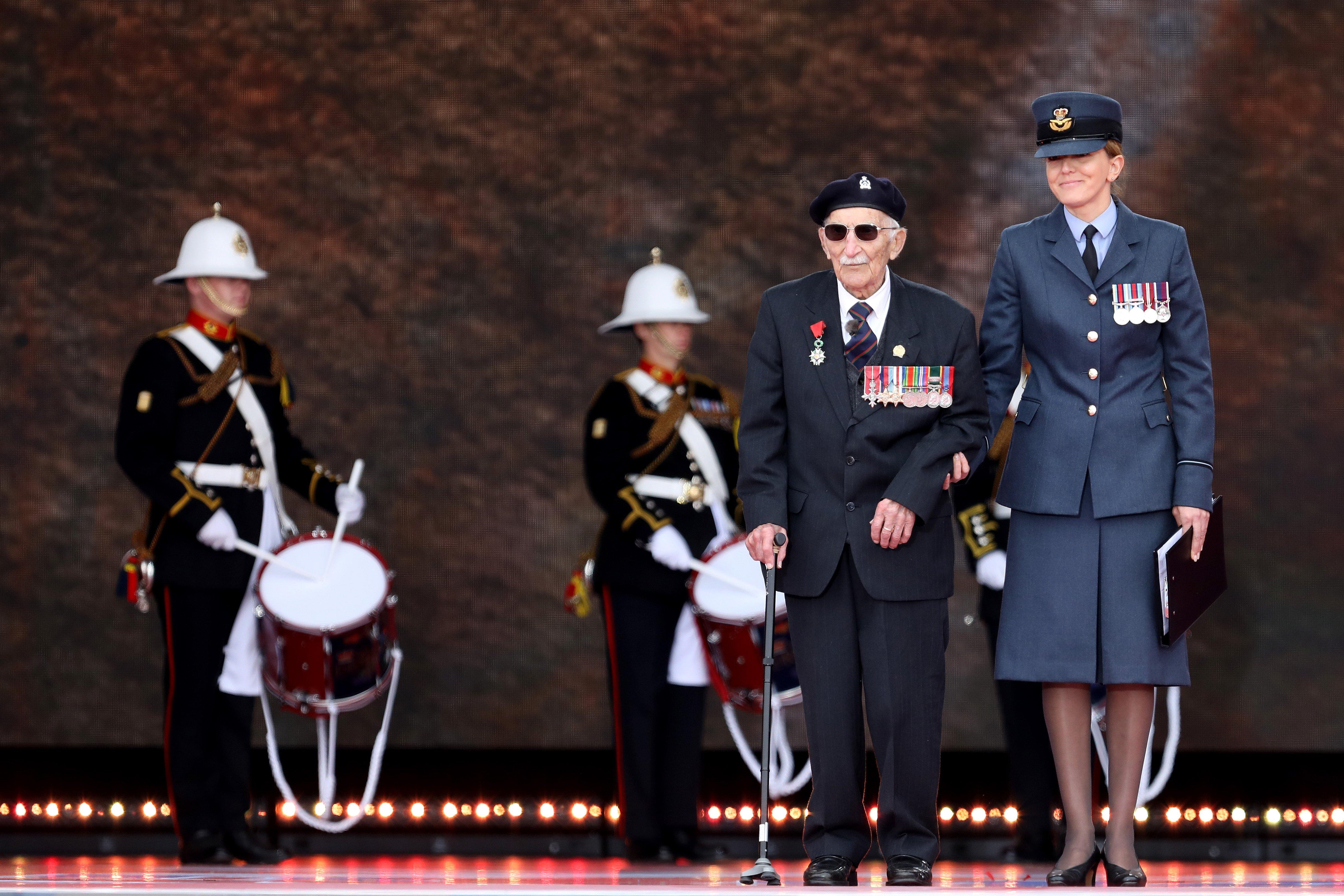 Portsmouth veteran John Jenkins receives a standing ovation. D-Day 75 National Commemorative Event, Southsea Common, Portsmouth.                    Picture: Chris Moorhouse           (050619-45)    