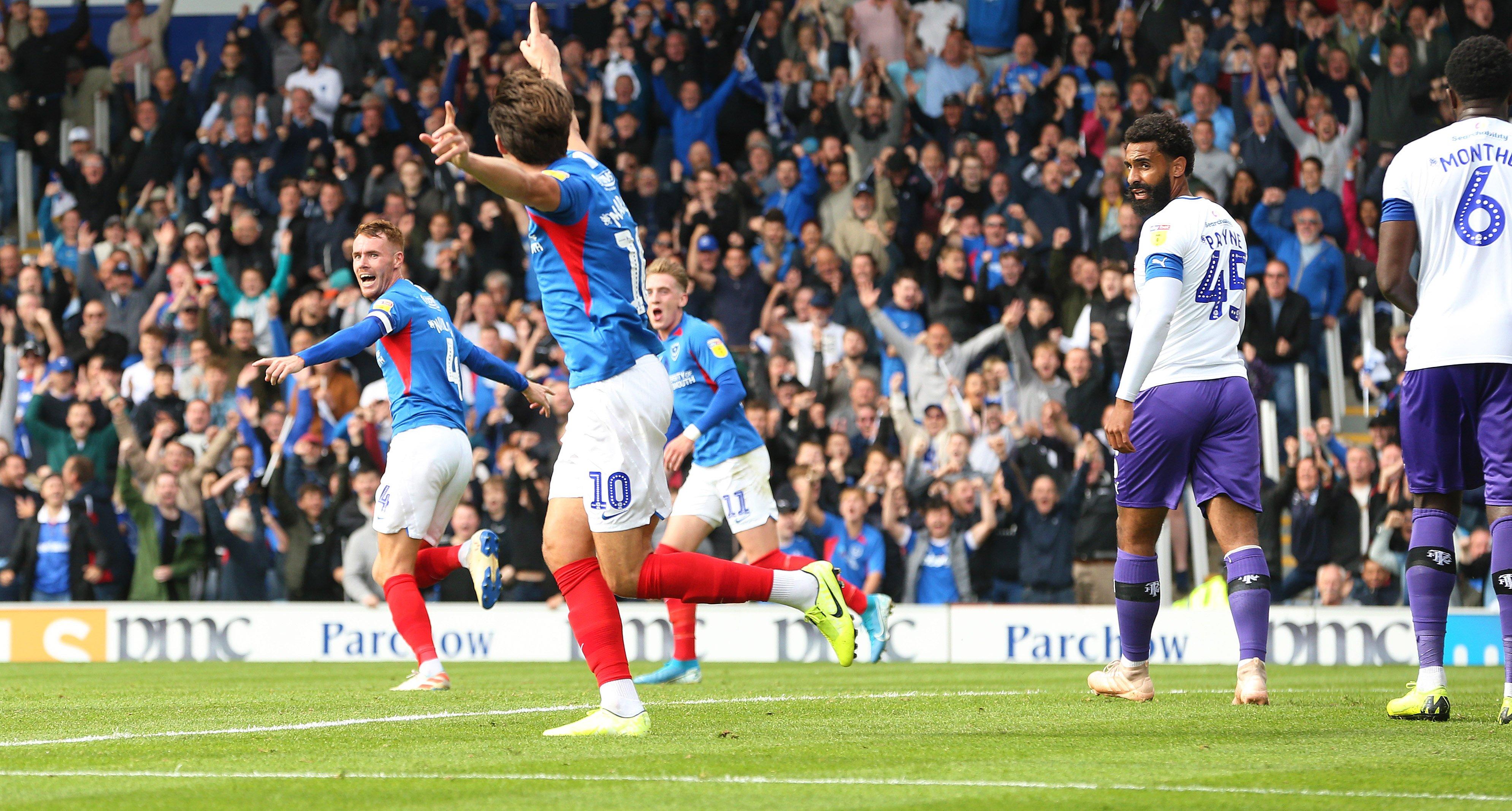 Pompey celebrate Tom Naylor's goal