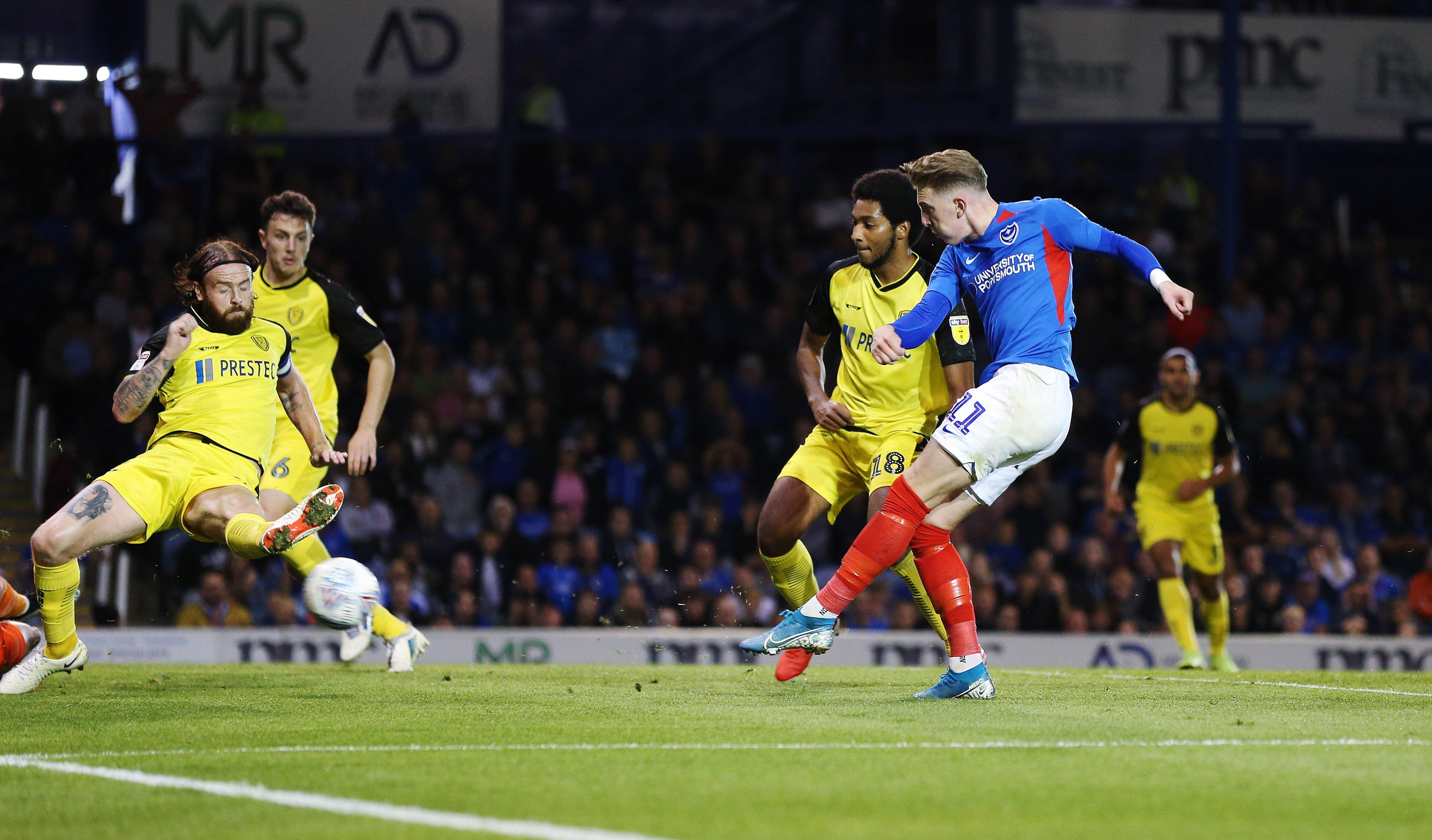 Ronan Curtis scores for Pompey in the 39th minute Picture: Joe Pepler