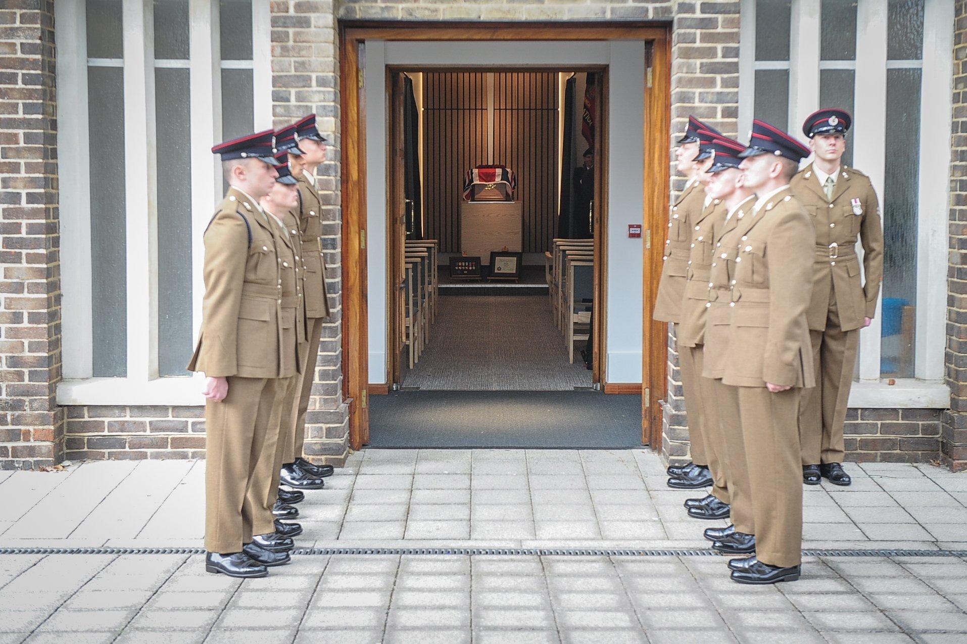 Guard of honour, 22 Royal Engineers stand outside the Crematorium.

Picture: Habibur Rahman