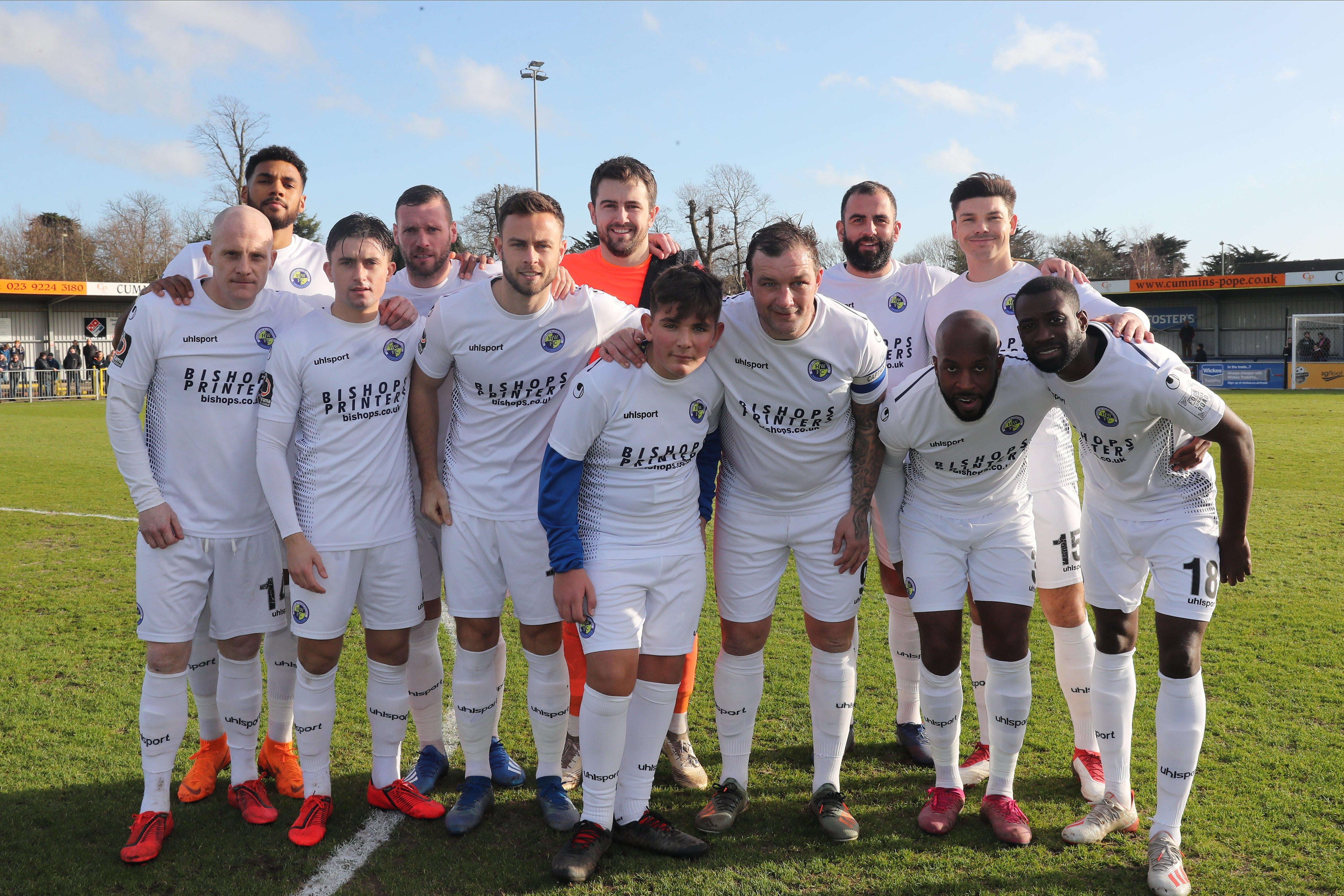 Will Forrest, 13, with the Hawks team before kick off against Dulwich. Will has now recovered after recently being hospitalised when he was attacked by a group of Wealdstone fans after a National League South game at Westleigh Park. Photo by Dave Haines.