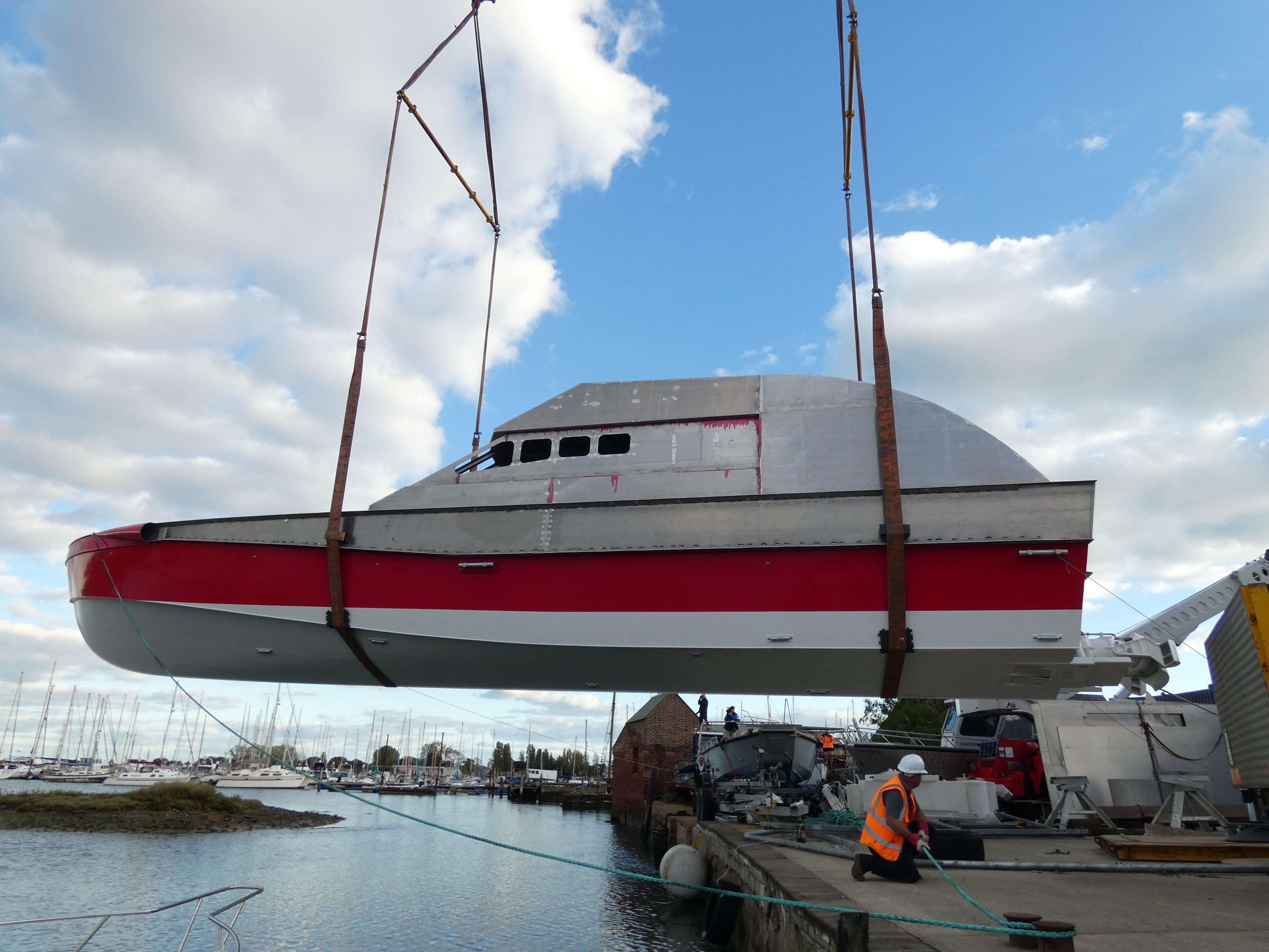 Team Britannias round the world superboat Excalibur has hit the water for the first time at a boatyard at Hayling Island.Picture: Team Britannia