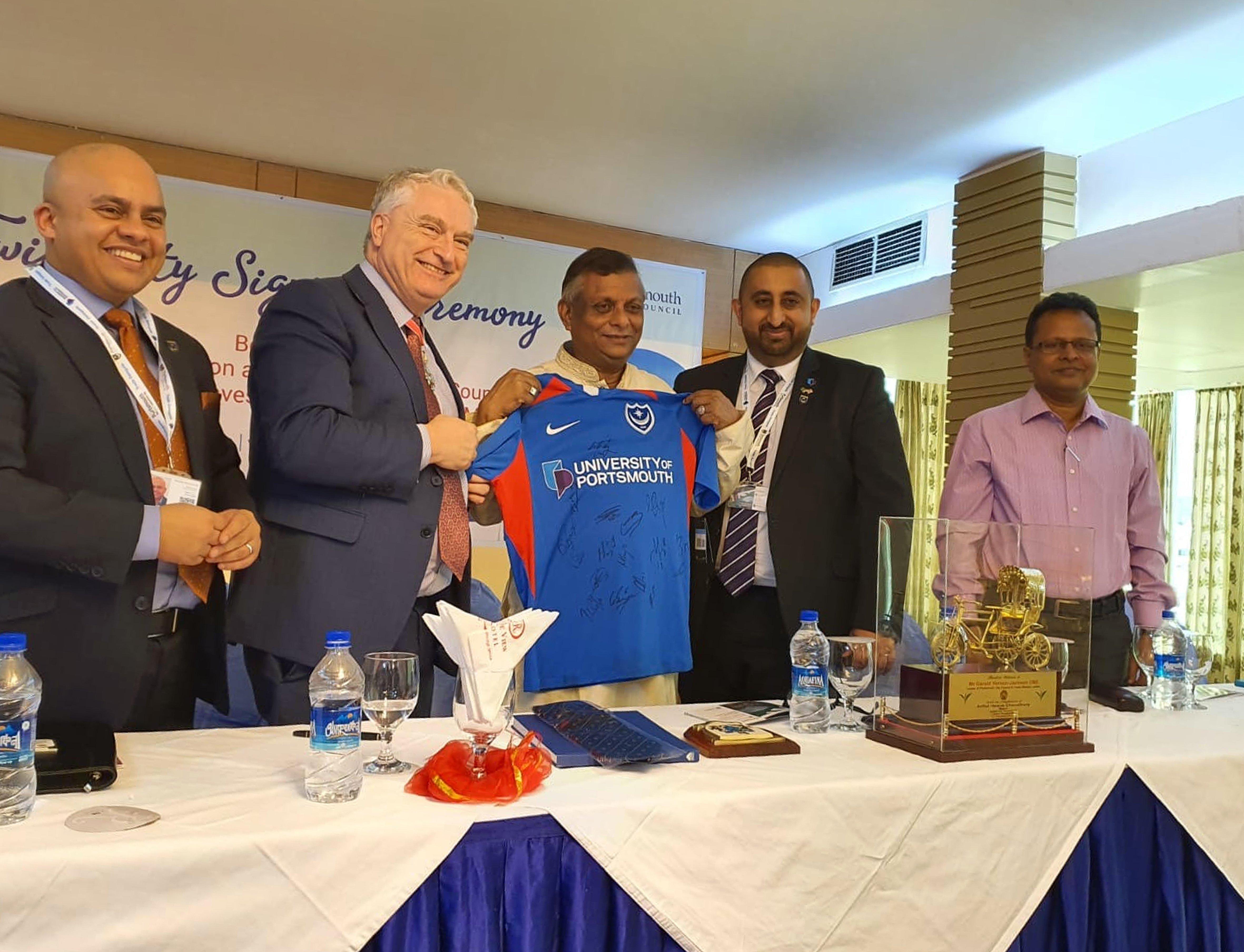 Portsmouth and Sylhet in Bangladesh become sister cities. Pictured: Raja Ali (PBBA Chair) Gerald Vernon Jackson, the Mayor Of Sylhet, Bobby Mehta.