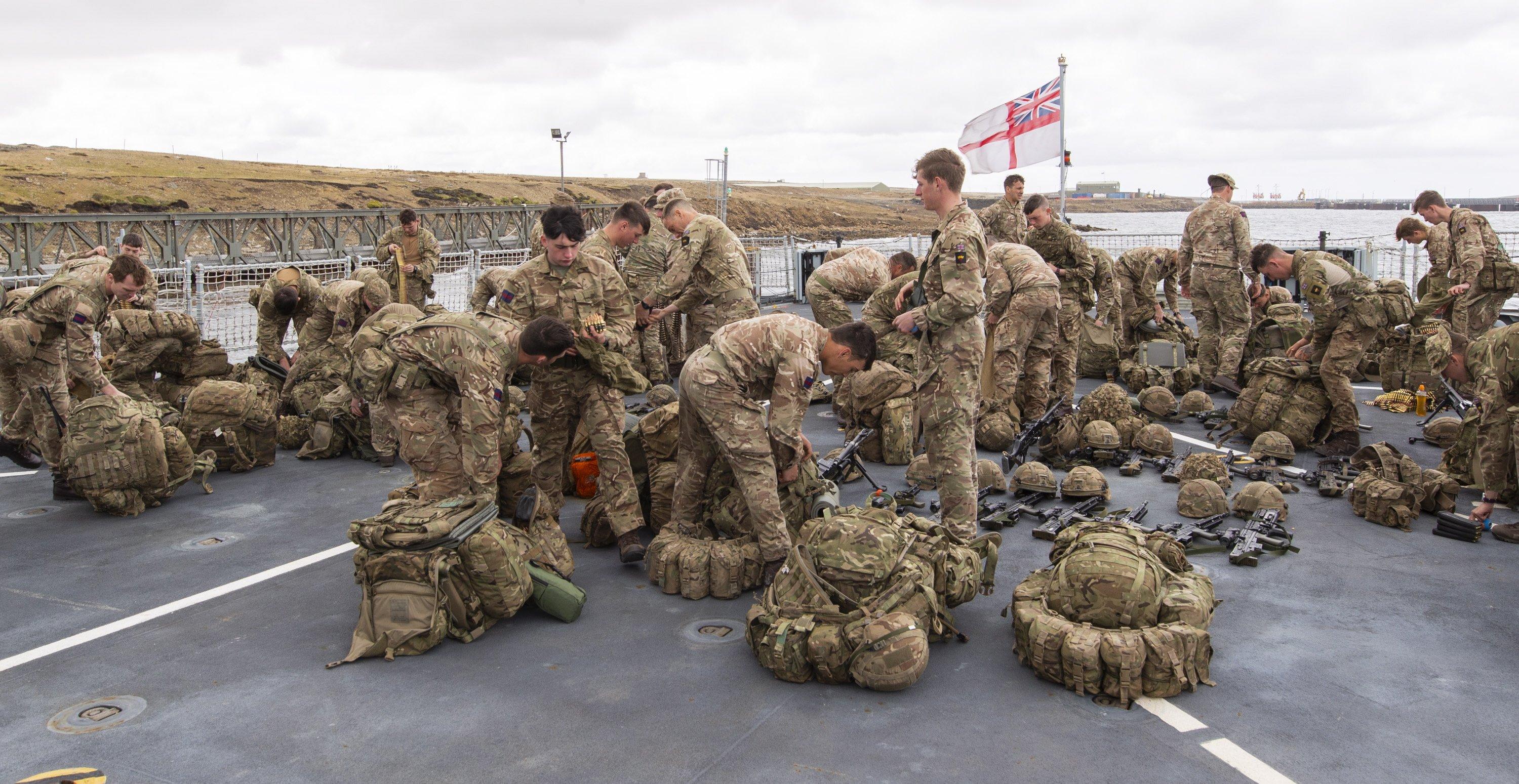 Images showing the Roulement Infantry Company(RIC) embarking onto HMS Forth as part of Ex Cape Bayonet in the Falkland Islands.
