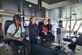 The Prodigy’s Liam Howlett and Maxim on the bridge of Wightlink ferry to the Isle of Wight.