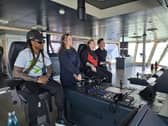 The Prodigy’s Liam Howlett and Maxim on the bridge of Wightlink ferry to the Isle of Wight.