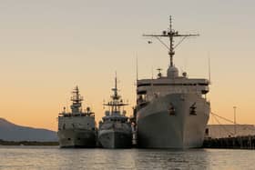 HMS Tamar alongside USS Emory S Land and HMAS Leeuwin in Australia conducting a link up exercise. Picture: Royal Navy