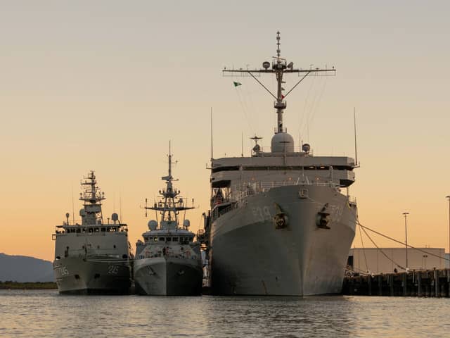 HMS Tamar alongside USS Emory S Land and HMAS Leeuwin in Australia conducting a link up exercise. Picture: Royal Navy