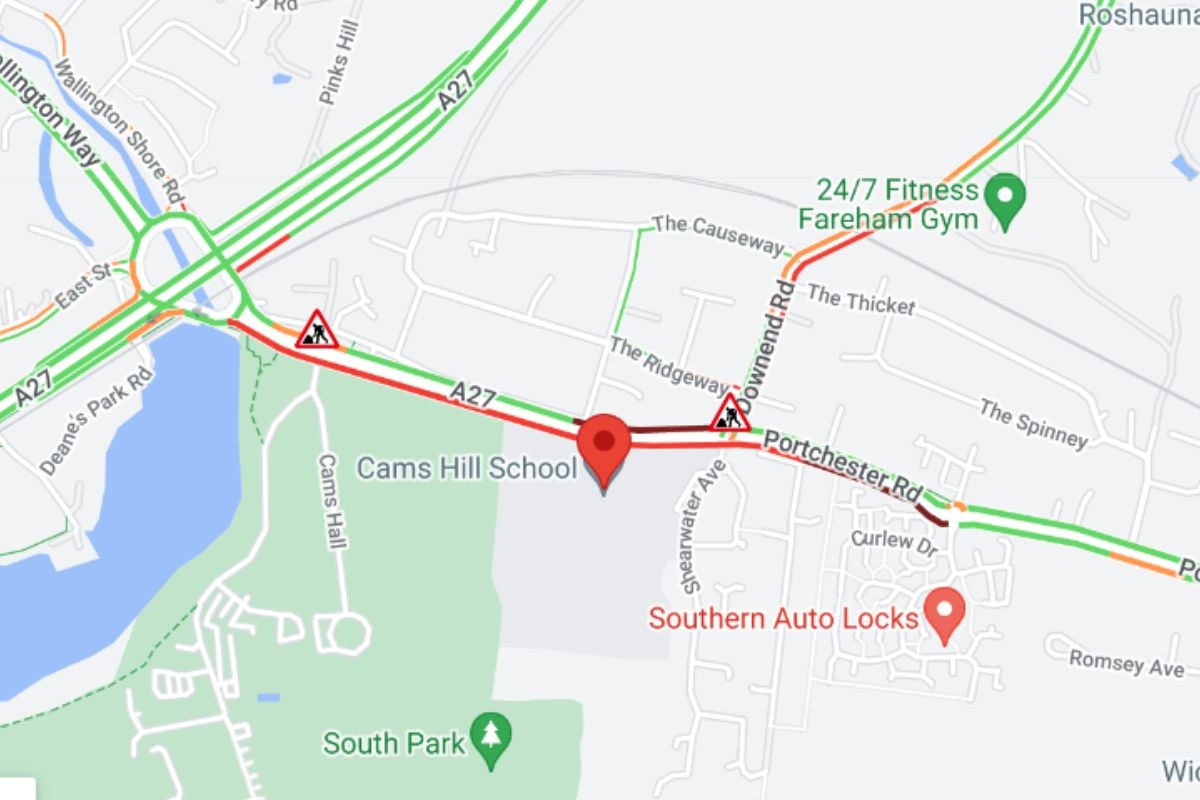 One lane closed on A27 near Cams Hill Pub due to construction - heavy delays in area