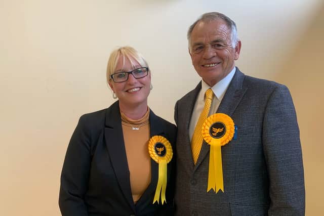 Liberal Democrats candidates Kirsty Cox and Jamie Hutchison after being elected for Hardway ward in Gosport in 2022