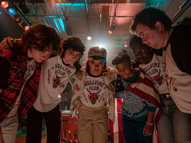 (L to R) Finn Wolfhard as Mike Wheeler, Gaten Matarazzo as Dustin Hendrson and Priah Ferguson as Erica Sinclair in Stranger Things (Pic: Tina Rowden/Netflix): 