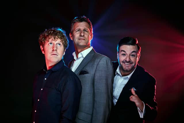 From left, Josh Widdicombe, Adam Hills and Alex Brooker on The Last Leg