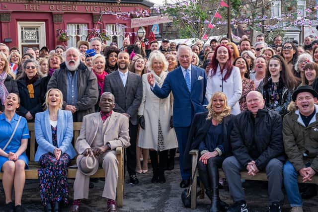 King Charles and Queen Consort Camilla on the set of EastEnders.