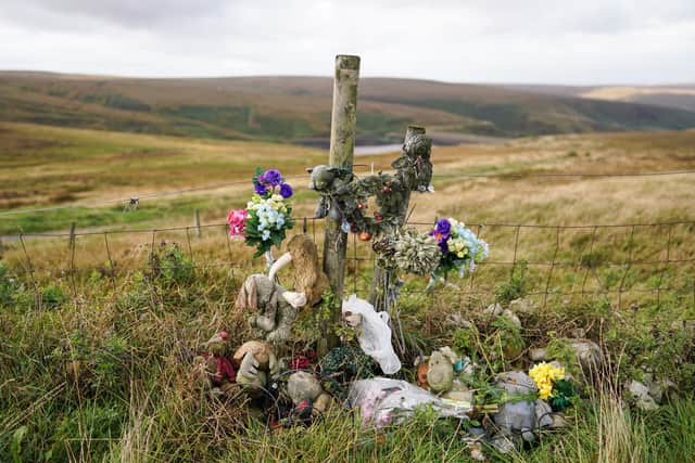 A memorial to Winnie Johnson and Keith Bennett on Saddleworth Moor. 