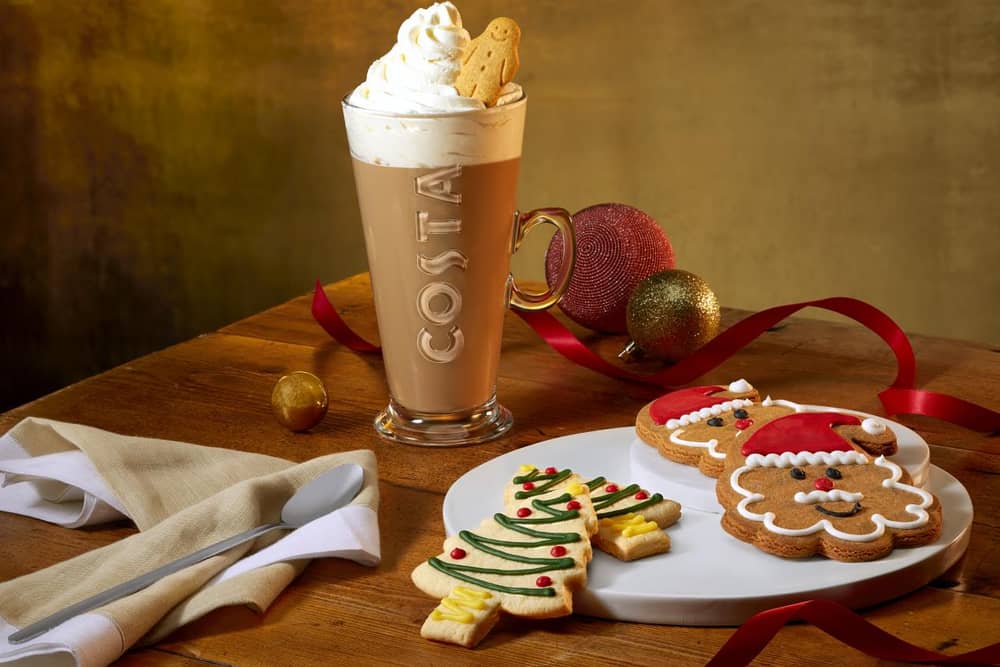 Costa Christmas menu: The Santa Gingerbread Biscuit and Christmas Tree Shortcake biscuit with a Gingerbread & Cream Latte