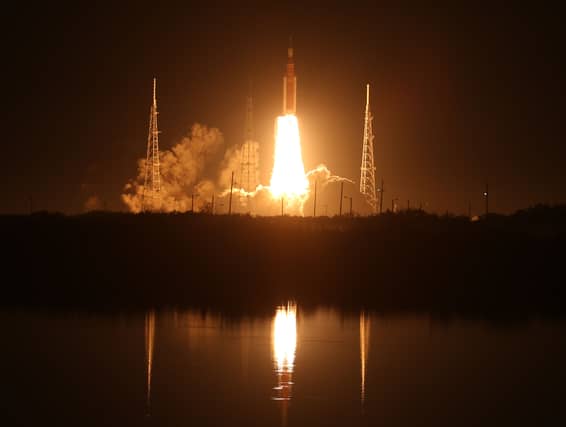 Artemis I Space Launch System (SLS) rocket, with the Orion capsule attached, launches at NASA's Kennedy Space Center on November 16