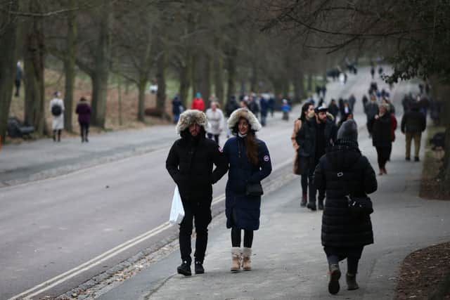 People brace the cold weather in Greenwich Park, London.