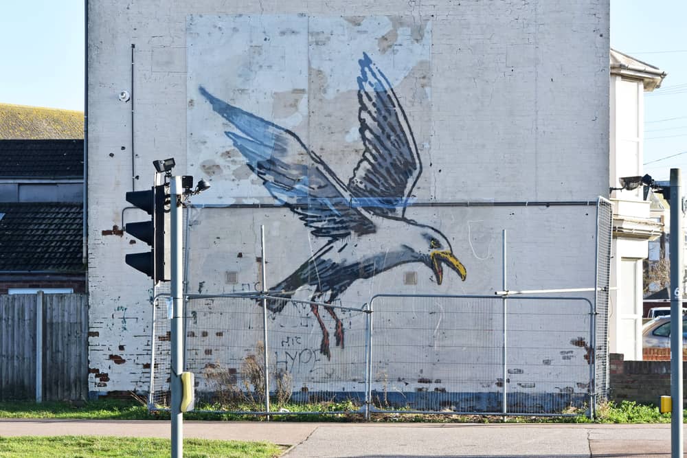The Banksy mural in in Lowestoft, Suffolk, after the skip was removed