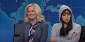 Fans of Parks and Recreation were treated to an impromptu reunion as Amy Poehler joined former castmate Aubrey Plaza during this weekend’s Saturday Night Live (Credit: NBCUniversal)