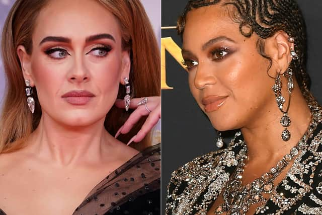 Beyonce (right) leads this year’s pack of Grammy nominees with nine chances at gold, ahead of rapper Kendrick Lamar coming in at eight, and balladeers Adele (left) and Brandi Carlile scoring seven each. 