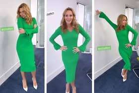 Amanda Holden stunned in a figure-hugging green dress as she returned to work as co-host of the Heart FM Breakfast show in London.(Photo Credit: Instagram/noholdenback)