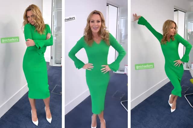 Amanda Holden stunned in a figure-hugging green dress as she returned to work as co-host of the Heart FM Breakfast show in London.(Photo Credit: Instagram/noholdenback)