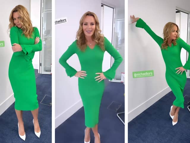 Amanda Holden stunned in a figure-hugging green dress as she returned to work as co-host of the Heart FM Breakfast show in London.(Photo Credit: Instagram/noholdenback)