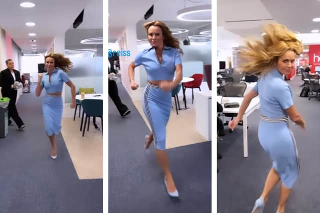 Amanda Holden flaunts her ‘glamorous tracksuit dress’ as she runs Baywatch-style through Heart FM offices. (Photo Credit: Instagram/noholdenback)