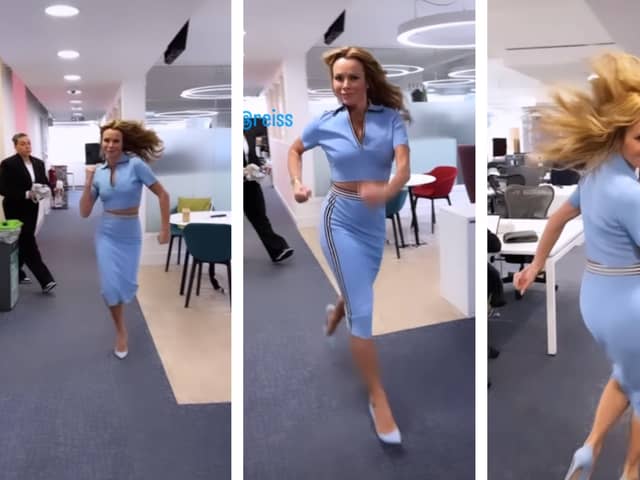 Amanda Holden flaunts her ‘glamorous tracksuit dress’ as she runs Baywatch-style through Heart FM offices. (Photo Credit: Instagram/noholdenback)