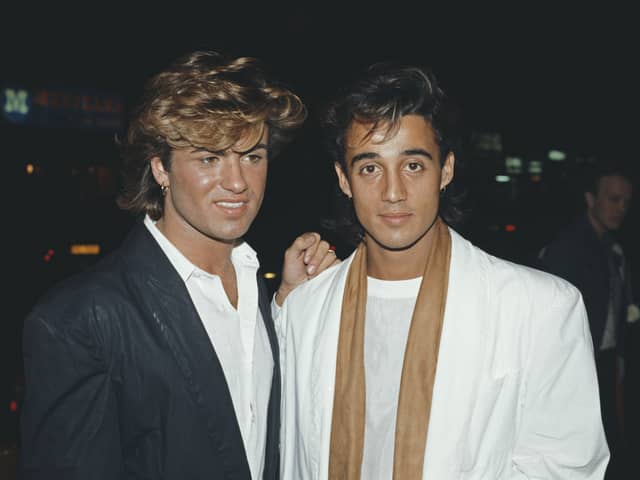 Singers George Michael (left) and Andrew Ridgeley of pop duo Wham!, at the premiere of the film 'Dune', London, England, 1984. (Photo by Fox Photos/Hulton Archive/Getty Images)