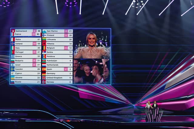 Amanda Holden announces the jury points from the United Kingdom during the 65th Eurovision Song Contest grand final held at Rotterdam Ahoy on May 22, 2021 in Rotterdam, Netherlands. (Photo by Dean Mouhtaropoulos/Getty Images)