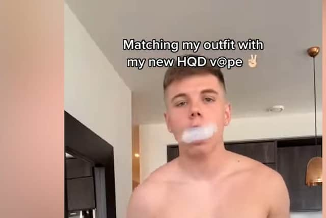 In the video, posted on June 23 last year, the Channel 4 star walking towards the camera holding up a HQD WAVE disposable e-cigarette in its packaging.