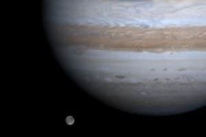 To those with telescopes, the Galilean moons (including Ganymede, pictured here) will look like ‘pinpricks of light’ in orbit around Jupiter (Photo: NASA/Newsmakers)