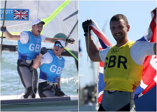 Dylan Fletcher and Stuart Bithell (left) claimed the narrowest of victories in the 49er before Giles Scott (right) successfully defended his Finn title (Getty Images)