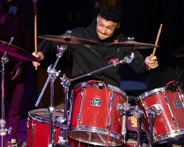 Alex Oxlade-Chamberlain accompanying Liverpool Lighthouse combined choirs, Love & Joy Gospel Choir & Lighthouse Choir, on drums. Image: Brian Roberts