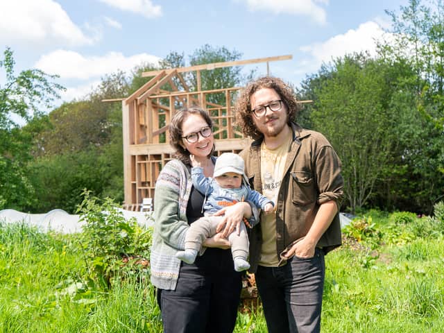 Guy, Viki and Baby Leon, Landmatters Permaculture Community, Devon as the young couple talk about their journey to off grid living.