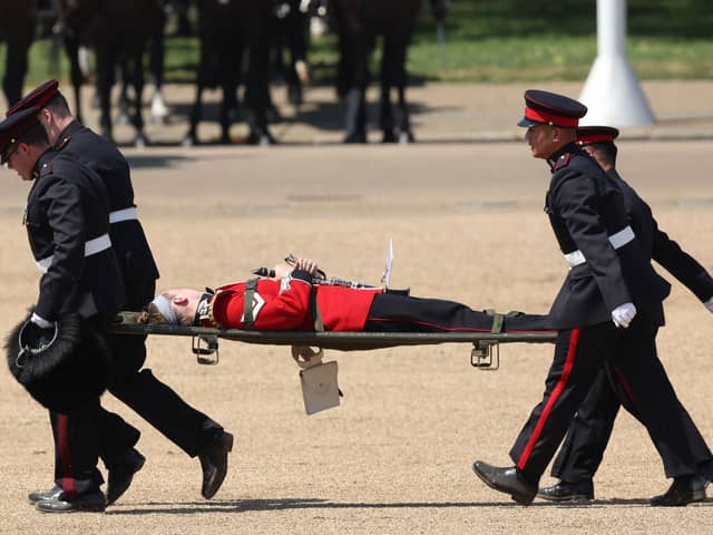 Three soldiers fainted during the Colonel’s Review at Horse Guards Parade in London today