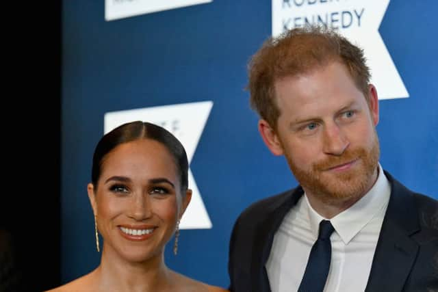 Prince Harry, Duke of Sussex, and Meghan, Duchess of Sussex, arrive at the 2022 Robert F. Kennedy Human Rights Ripple of Hope Award Gala at the Hilton Midtown in New York on December 6, 2022. (Photo by ANGELA WEISS/AFP via Getty Images)