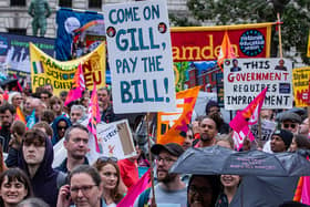 Striking teachers from the National Education Union (NEU) hold a rally in Parliament Square on 5 July 2023 in London, United Kingdom. NEU members are striking to win a fully-funded, above-inflation pay rise for all educators. (photo by Mark Kerrison/In Pictures via Getty Images)