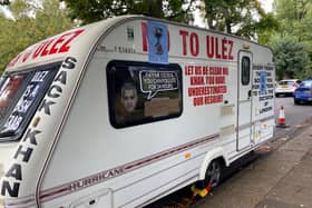 This caravan covered in ULEZ protest slogans was chained outside Sadiq Khan’s house in Tooting, London.