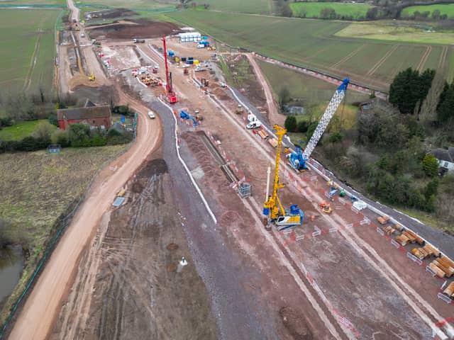 An aerial view of the groundworks construction of the HS2 high speed rail network progresses around the A38 dual-carriageway near Streethay on January 27, 2023 in Lichfield (Photo by Christopher Furlong/Getty Images)